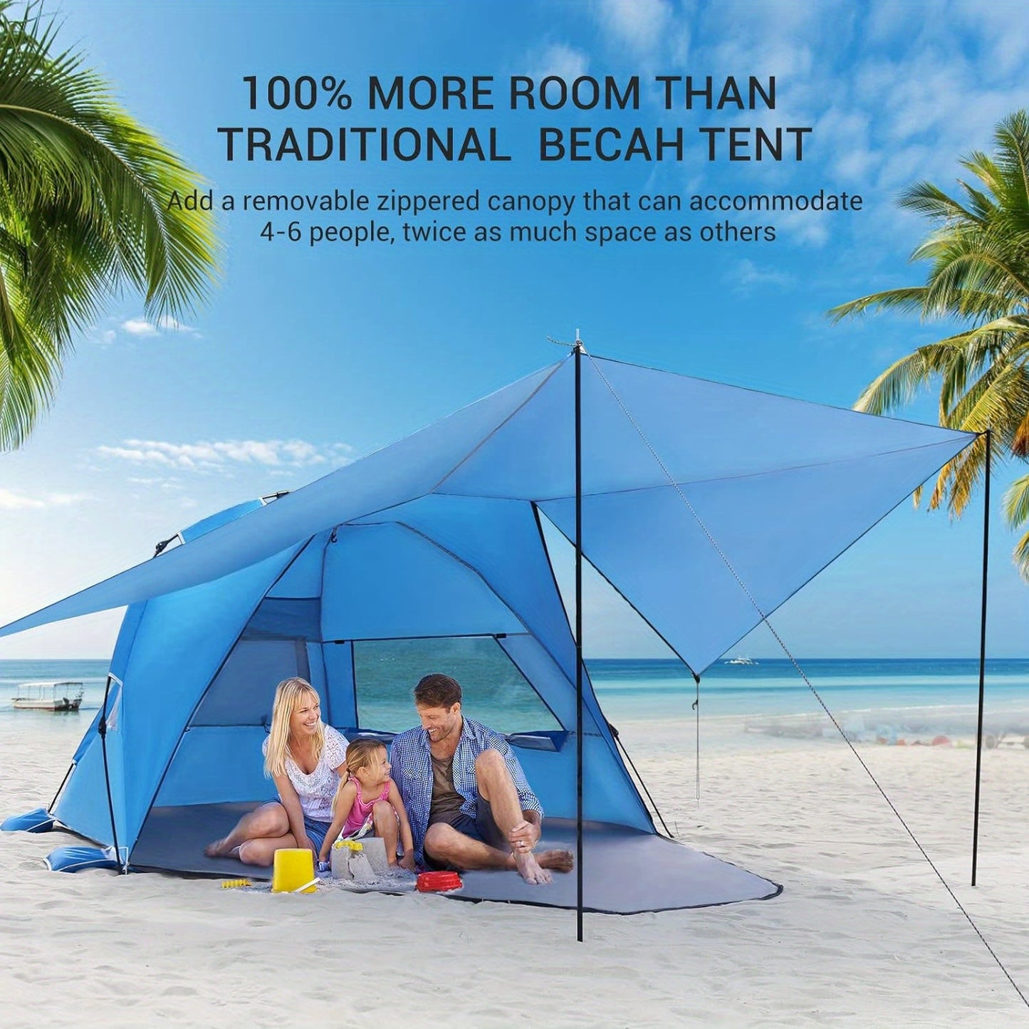Convertible Beach Canopy Tent with Removable Roof, Four Setup Modes and Blue Checkout Color