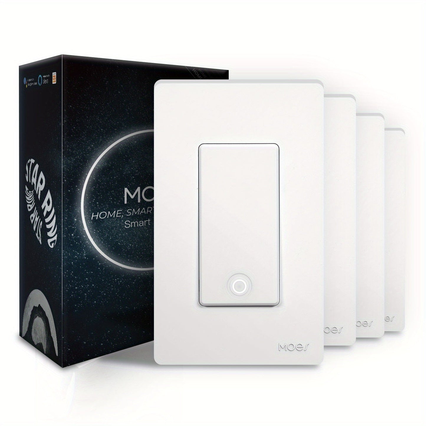 White Star Ring WiFi Wall Switch Four-Pack for Single-Pole or 3-Way Circuits with App, Voice and Schedule Control