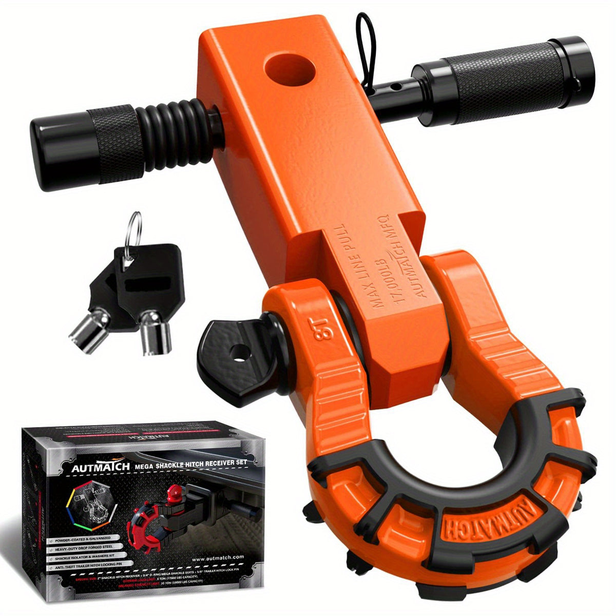 Shackle Hitch Receiver 2-Inch 68,000 lb Break Strength with 3/4" D-Ring & 5/8" Hitch Lock Pin – Heavy Duty Drop Forged Steel 8-Ton Vehicle Recovery Tow Hitch, Multi-Color