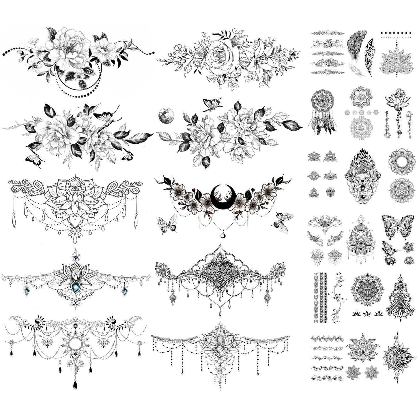 Large Temporary Tattoos for Women 60+ Pcs, 10 Realistic Waterproof Fake Tattoo Stickers for Chest Neck Underboob Arm Shoulder, Bold Body Art Designs for Festival Rave Pool Party Bachelorette Gift