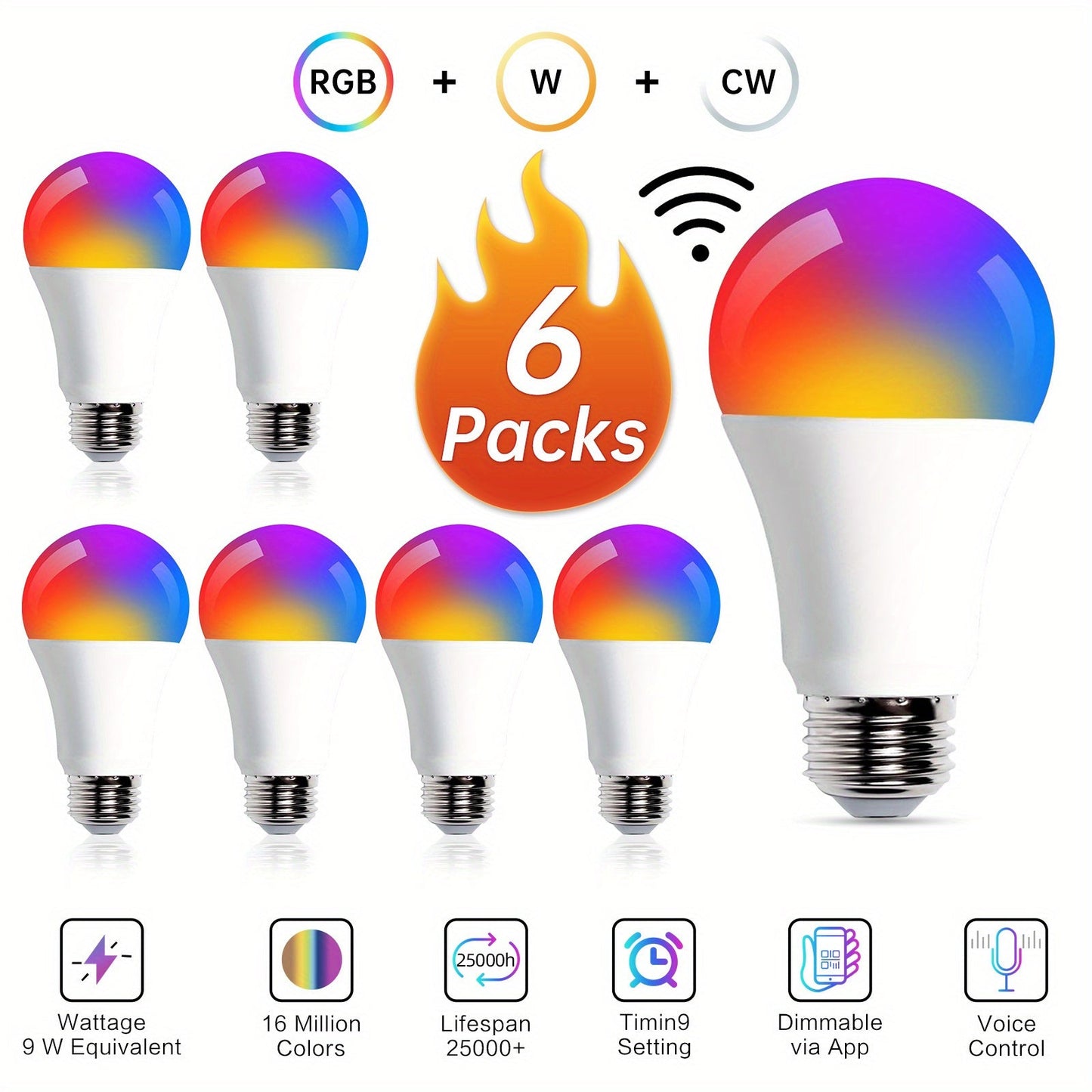 A19 E26 Wi-Fi Smart Light Bulbs with RGB and Tunable White Modes in Six-, Eight- or Ten-Bulb Packs