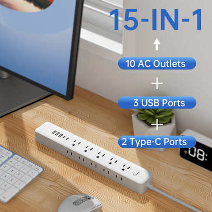 Wall Mount Power Strip 15-in-1 Slim Long Strip, 10 AC Outlets & 5 USB Ports (3 USB-A + 2 USB-C), Surge Protection Overload Protection, Multi-Function Power Outlet for Office Home Travel – Space-Saving Design