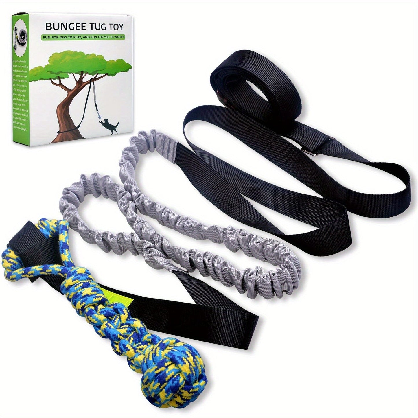 Dog Toy Outdoor Hanging Bungee Tug with Adjustable 19.7-Foot Elastic Cord, Soft Loop and Chew Rope