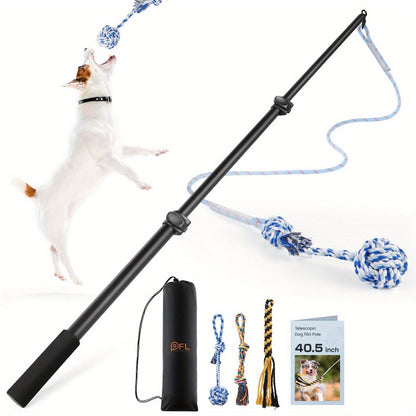 Dog Toy Telescopic Aluminum Flirt Pole with Reinforced Nylon Rope and Three Detachable Interactive Toys