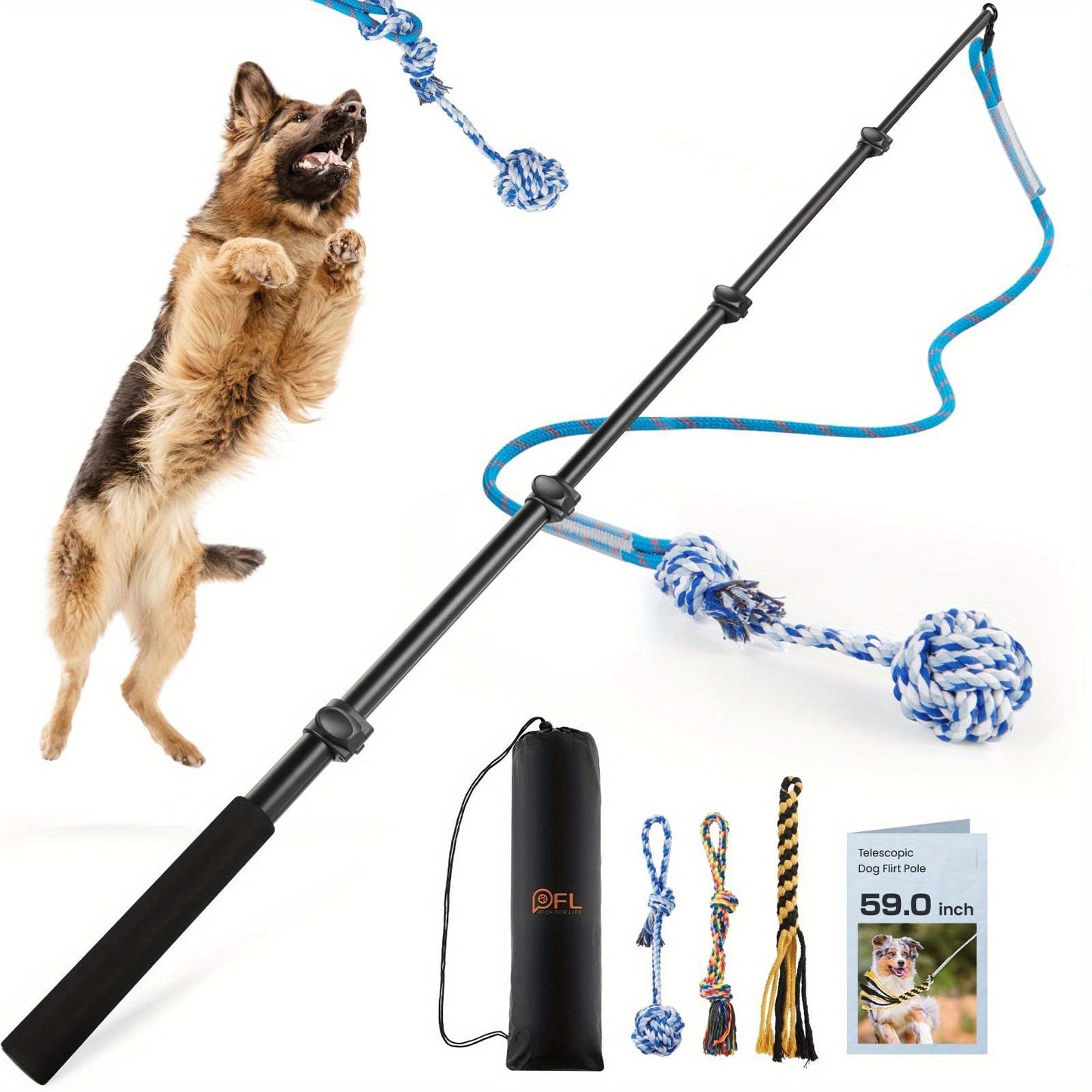 Dog Toy Telescopic Aluminum Flirt Pole with Reinforced Nylon Rope and Three Detachable Interactive Toys