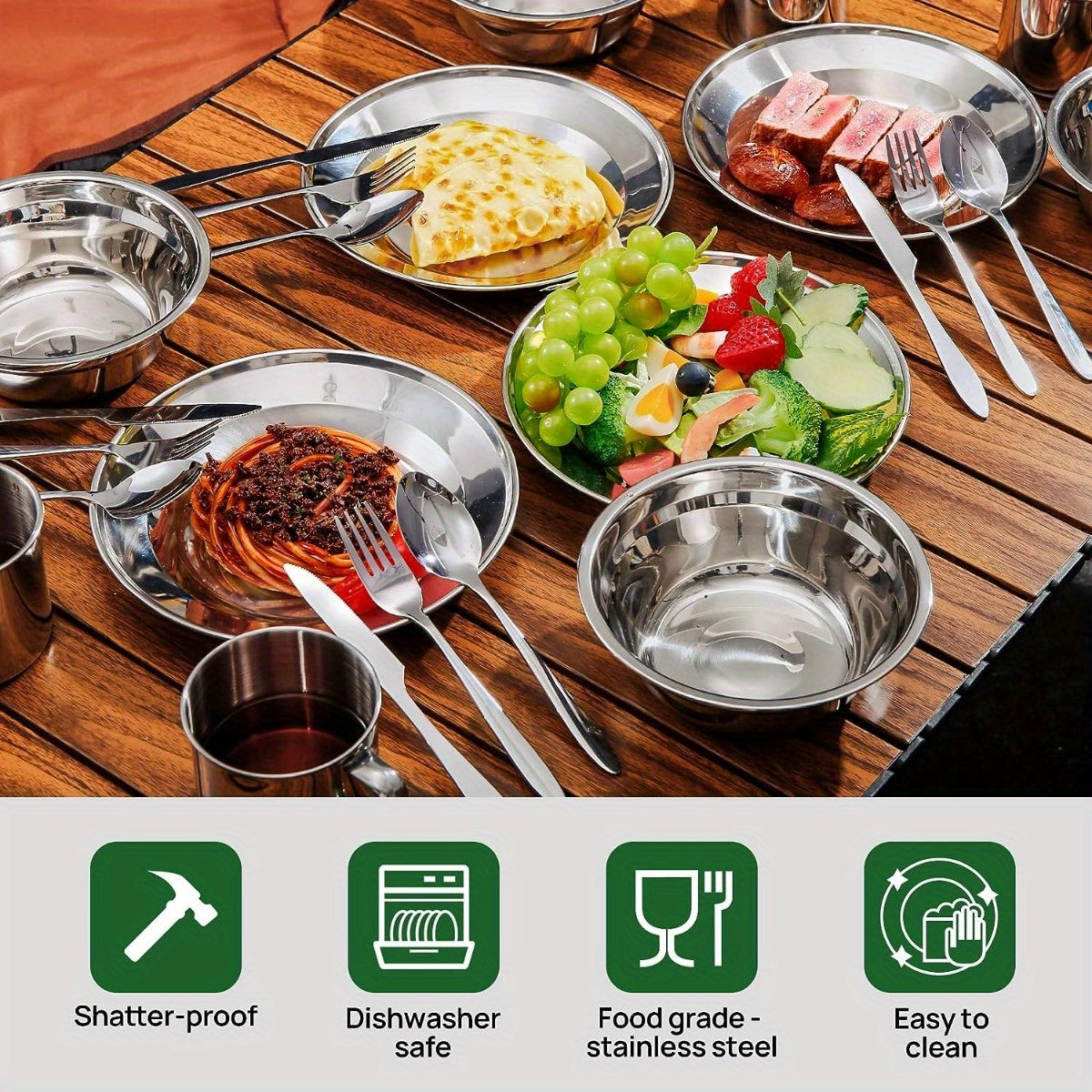Stainless Steel Camping Mess Kit 29 Piece Dinnerware Set - Plates Bowls Mugs Cutlery, for Camping, Travel and Outdoor Use