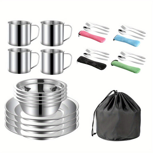 Stainless Steel Camping Mess Kit 29 Piece Dinnerware Set - Plates Bowls Mugs Cutlery