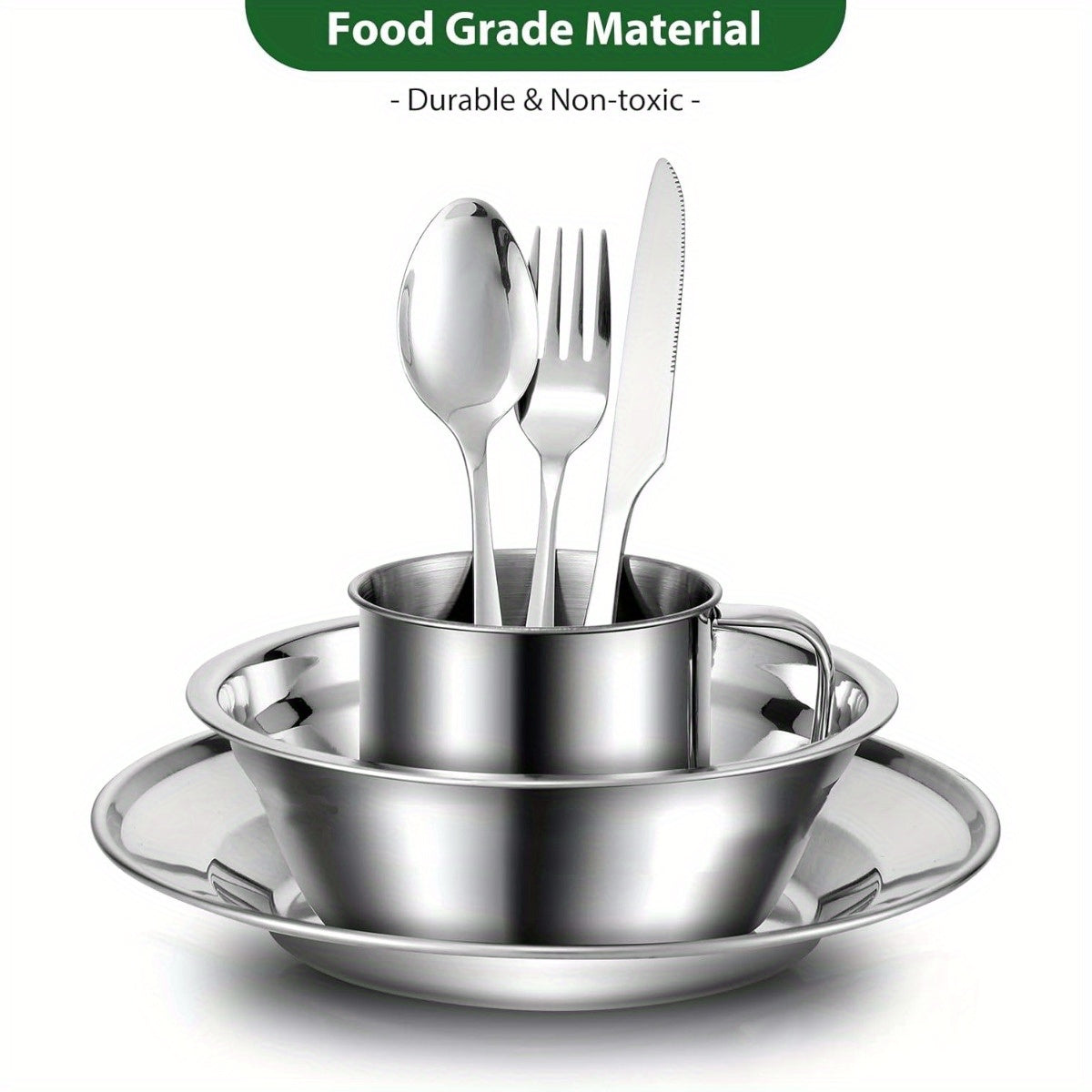 Stainless Steel Camping Mess Kit 29 Piece Dinnerware Set - Plates Bowls Mugs Cutlery, for Camping, Travel and Outdoor Use