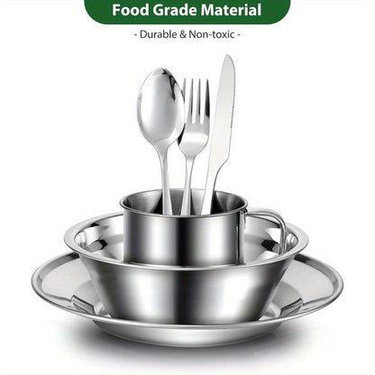Stainless Steel Camping Mess Kit 29 Piece Dinnerware Set - Plates Bowls Mugs Cutlery, for Camping, Travel and Outdoor Use