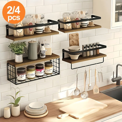 Rustic Wall-Mounted Shelf Sets in Two- or Four-Piece Configurations with Wood Platforms and Black Metal Storage Racks