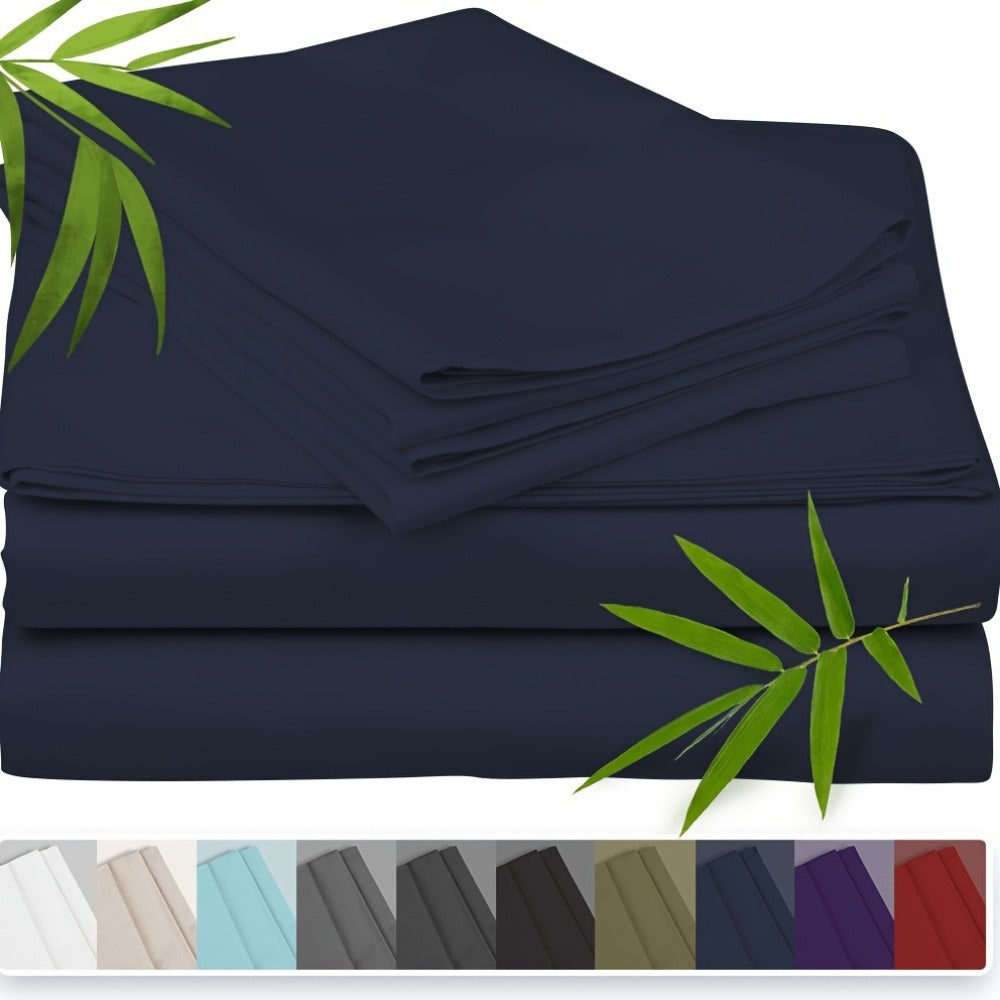 Three-Piece Bamboo Fiber Fitted Sheet Set with Pillowcases in Eight Size and Color Options for Bedrooms