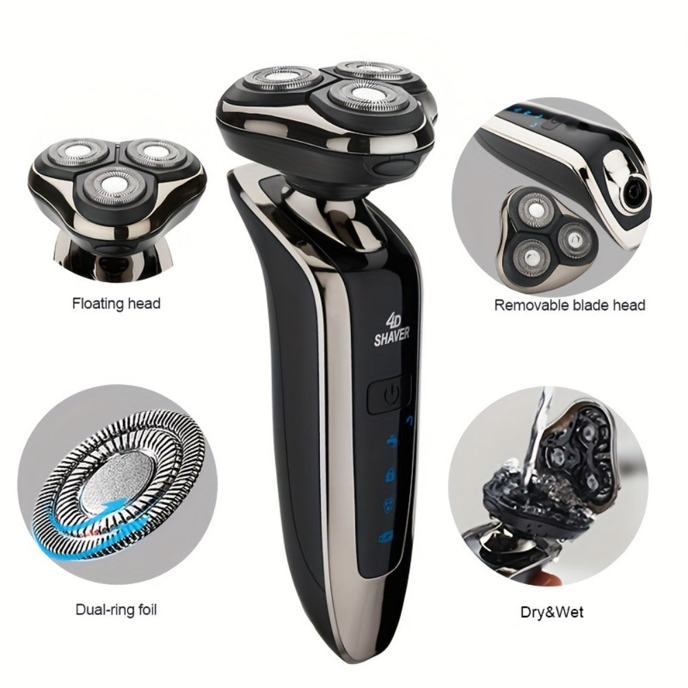 5-in-1 Rechargeable 3-Head Rotary Electric Razor with Detail Trimmer, Nose Trimmer and Cleaning Brush