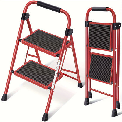 Two-Step Folding Step Ladder in White or Red with Wide Tread Platforms and Curved Safety Handle