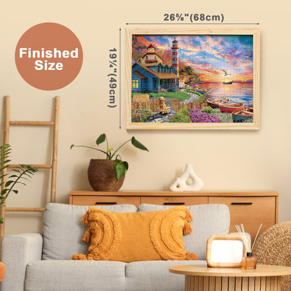Adult Jigsaw Puzzle Three-Pack with Three 1000-Piece Designs: Sunset Lighthouse, Bird Crochet and Moroccan Pottery