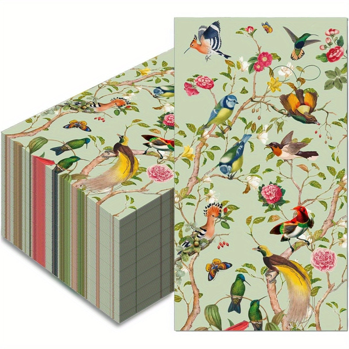 Vintage Floral Bird Paper Guest Napkins, 100-Piece Pack with 13 x 17 Inch Unfolded Watercolor Design