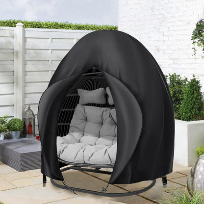 Black Double-Egg Chair Cover with Front Zipper, Drawstring Buckle and Full Enclosure Shape