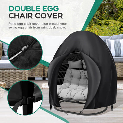 Black Double-Egg Chair Cover with Front Zipper, Drawstring Buckle and Full Enclosure Shape