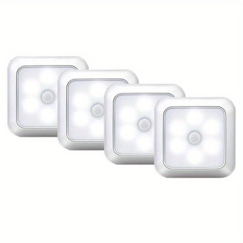 Four-Piece 8cm Square Battery Night Light Set with Motion Sensors and Cool-Light Checkout for Hallways