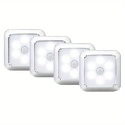 Four-Piece 8cm Square Battery Night Light Set with Motion Sensors and Cool-Light Checkout for Hallways