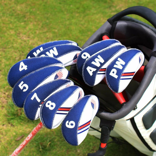 Golf Iron Club Covers USA Flag Neoprene Zipper Head Covers Machine Washable Fits Standard Irons Blue White Patriotic Design for Men Women Golfers