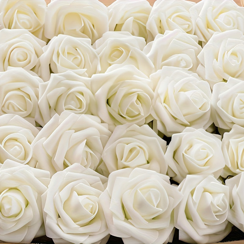Artificial Flowers 50-Piece White Silk-Style Rose Set with Stems for Wedding Bouquets and DIY Decor