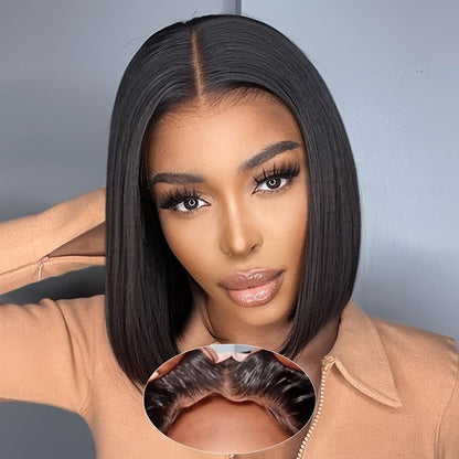 Straight Bob Human-Hair 4x4 Lace Closure Wig in Black with 8, 12, 14 or 16-Inch Length Options