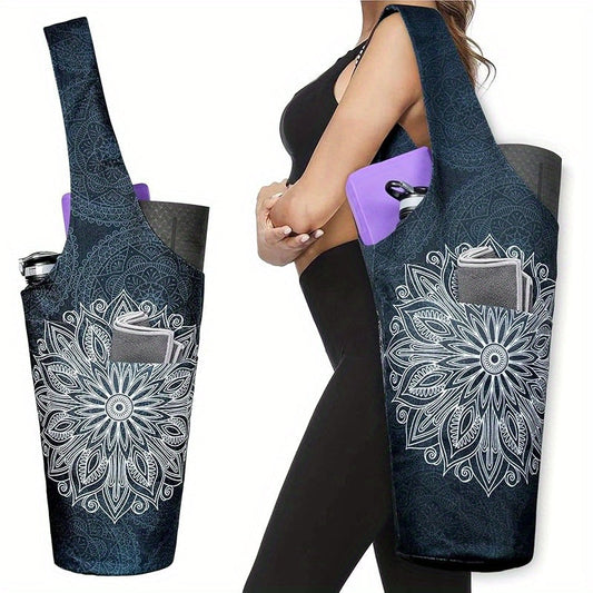 Yoga Mat Tote Bag 37”×15.5” – Large Shoulder Carrier with Dual Pockets for Yoga Mat, Block, Strap & Accessories, Fits Most Mat Sizes, Gym & Studio Bag for Women, Cloud Forest & Mandala Black