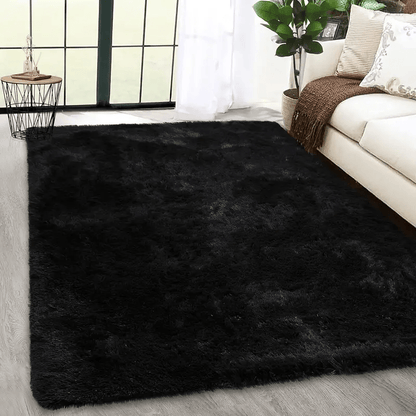 Area Rug, Black Rectangular Shaggy Microfiber Style in 4x6, 5x8, 6x9 or 8x10 Feet with Machine-Wash Care