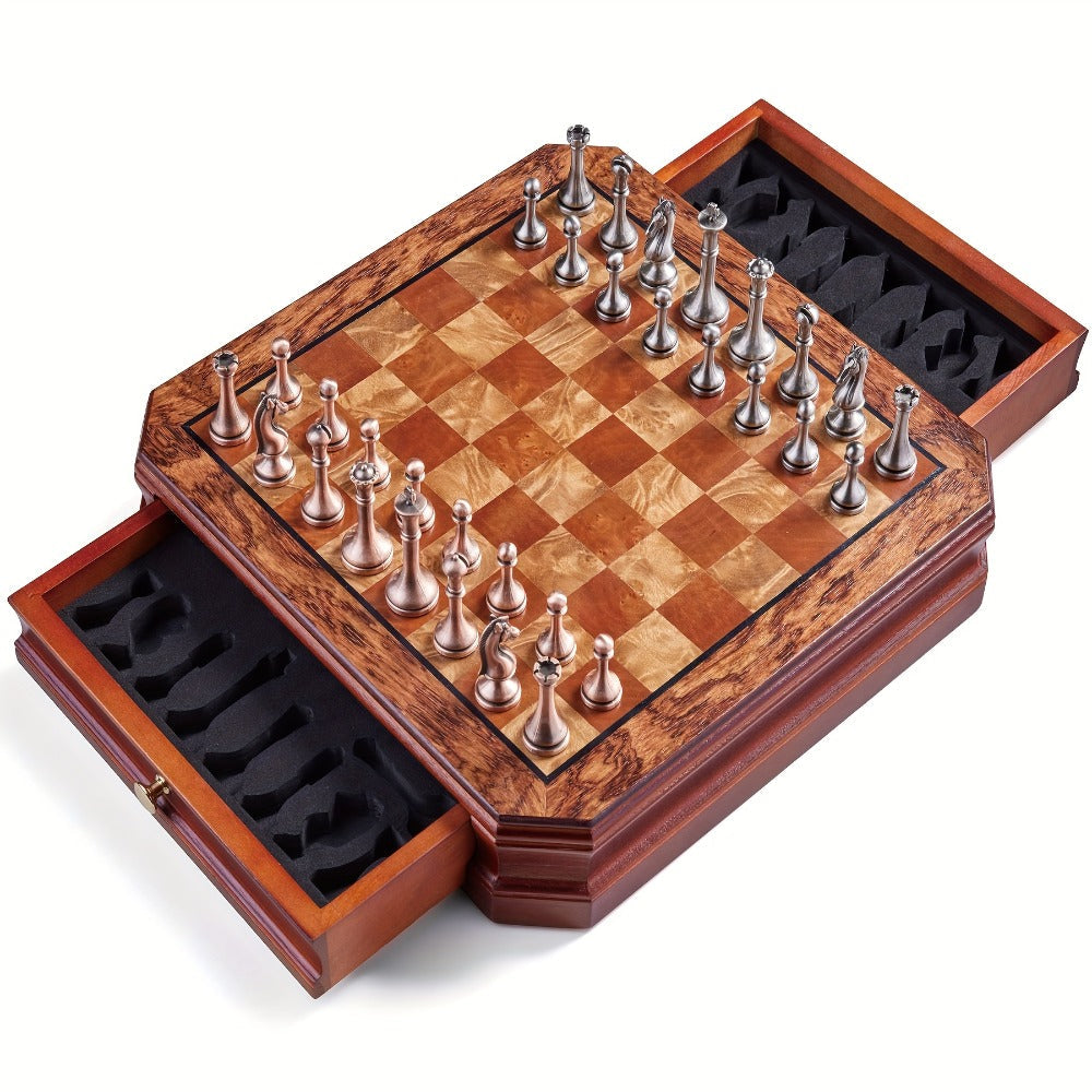 12-Inch Wooden-Style Chess Set with Metal-Finish Pieces, Two Storage Drawers and Two Extra Queens for Adults