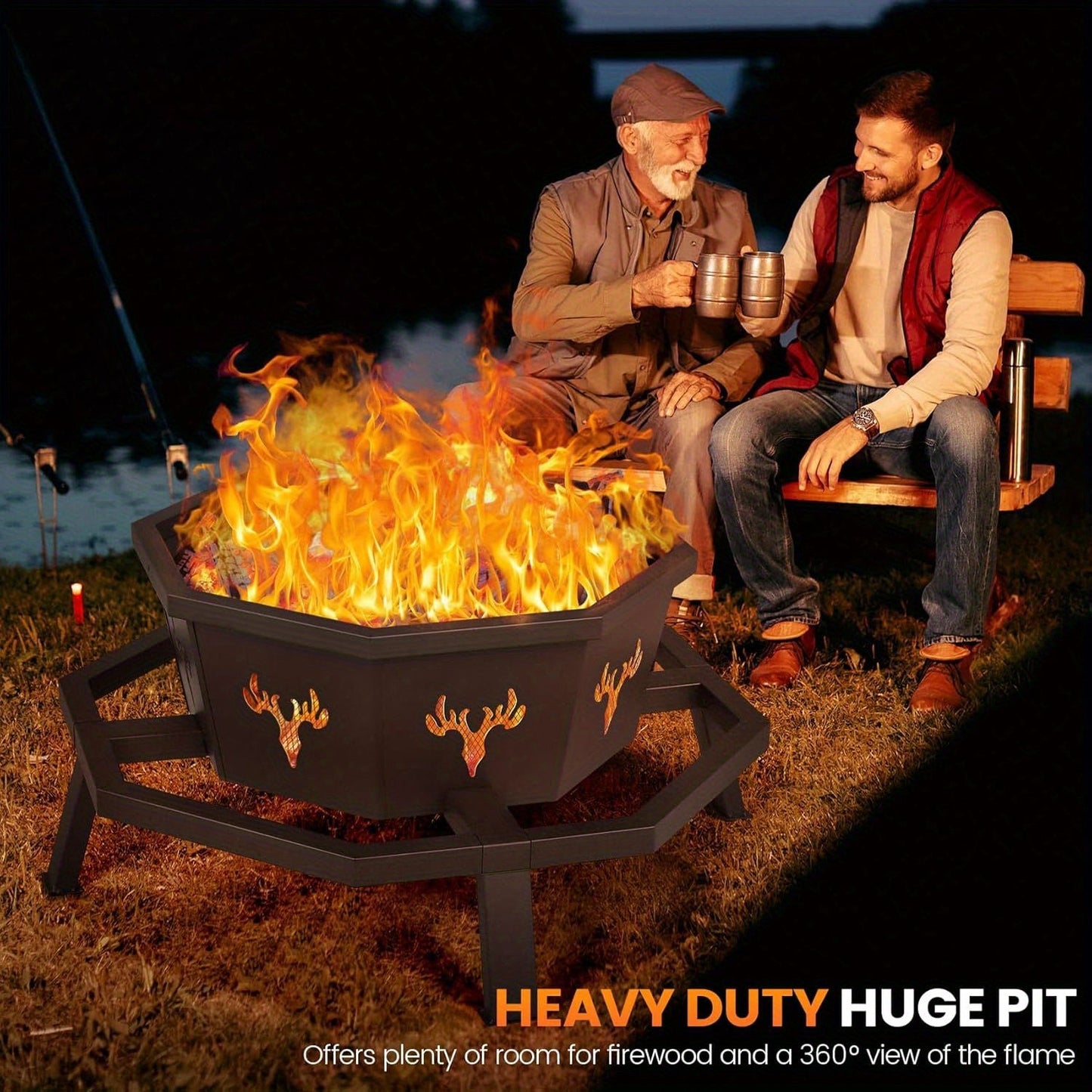 35-Inch Octagonal Wood-Burning Fire Pit with Spark Screen, Poker, Fire Grate and Wide Safety-Ledge Frame