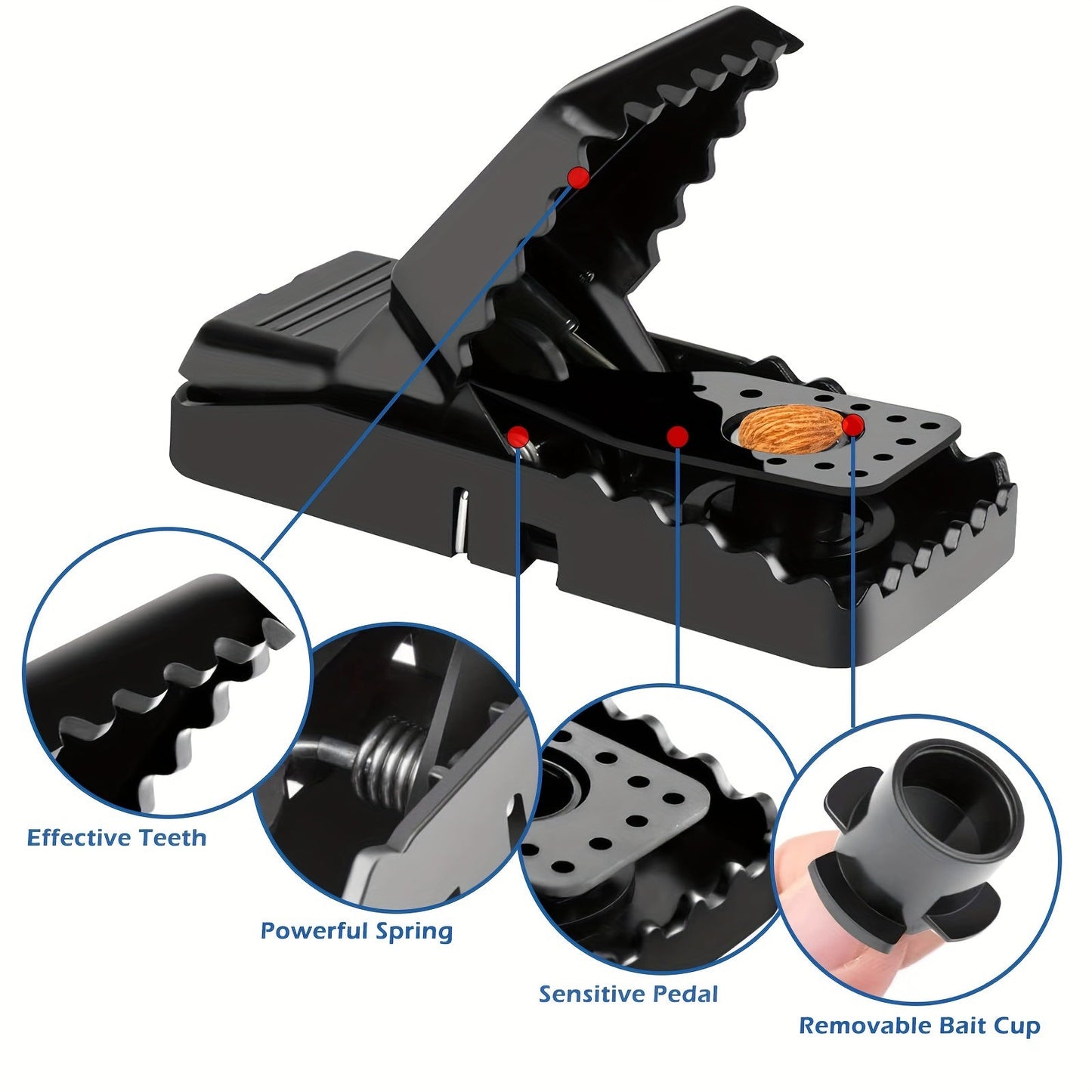 Eight-Piece Black Spring Snap Trap Set for Mouse-Size Rodents with Removable Bait-Cup Design