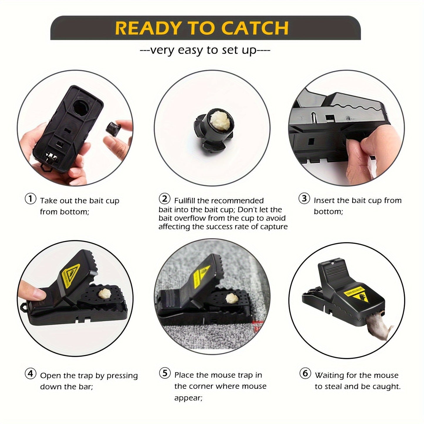 Eight-Piece Black Spring Snap Trap Set for Mouse-Size Rodents with Removable Bait-Cup Design