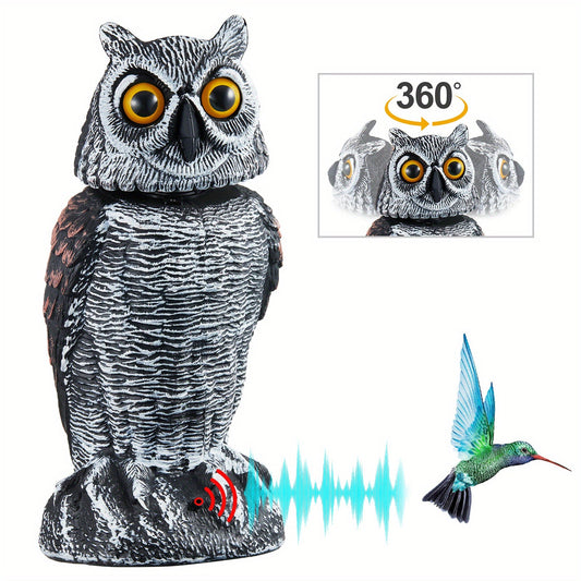 Rotating Head Fake Owl Decoy Bird Deterrent – Battery Powered Plastic Scarecrow Repellent for Garden Yard Patio