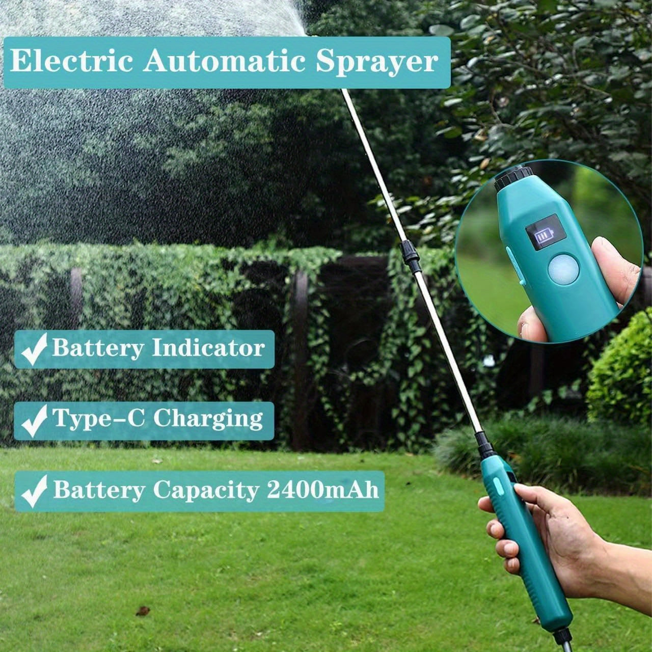 8-Liter Battery Garden Sprayer with Type-C Charging, Telescoping Wand and Three Adjustable Nozzles