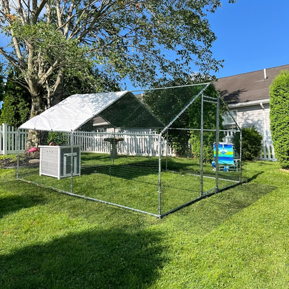 Walk-In Metal Poultry Enclosure in Six Size Options with Mesh Walls, Door and Partial Roof Cover
