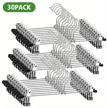 Thirty-Piece Adjustable Metal Pants Hanger Set with Swivel Hooks and Sliding Clips for Closet Organization
