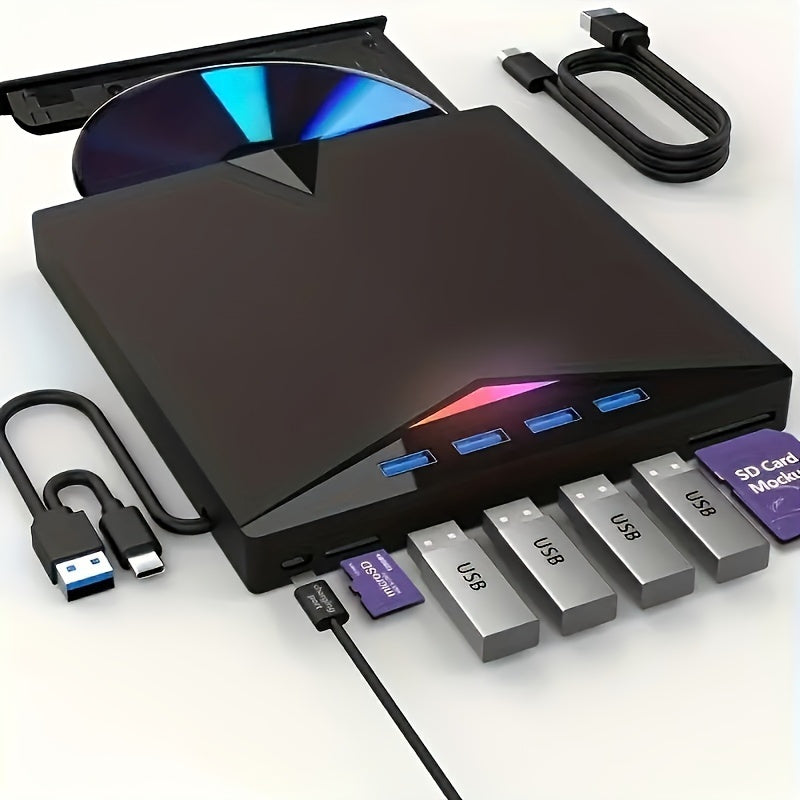 7-in-1 External DVD Drive USB 3.0 with 4 USB Ports & Dual TF/SD Card Reader - High-Speed CD/DVD Burner for Laptop Mac PC, Compatible with Windows 11/10/8/7, Linux, Plug and Play, Office Travel
