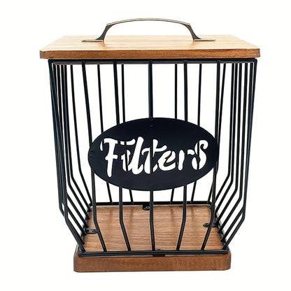 Square Metal Coffee Pod and Filter Storage Basket with Wood Lid and Base, Black Finish and Two Label Options