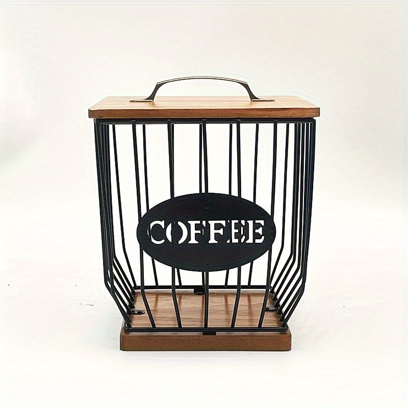 Square Metal Coffee Pod and Filter Storage Basket with Wood Lid and Base, Black Finish and Two Label Options