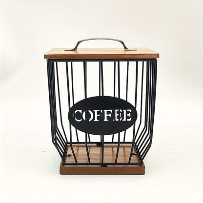 Square Metal Coffee Pod and Filter Storage Basket with Wood Lid and Base, Black Finish and Two Label Options