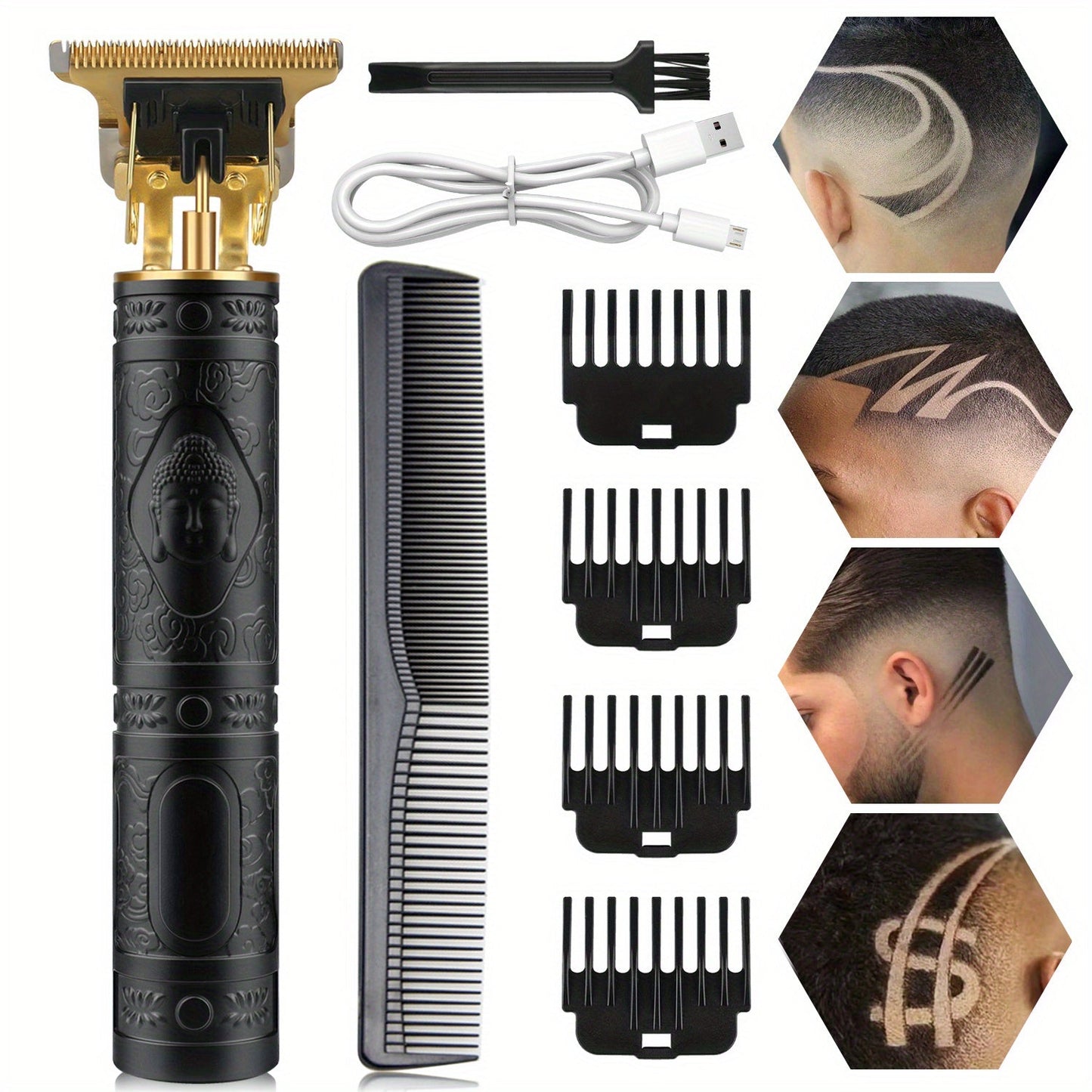 T-Blade Hair Trimmer with Four Guide Combs, USB Cable and Seven Dragon or Buddha Patterned Finish Options