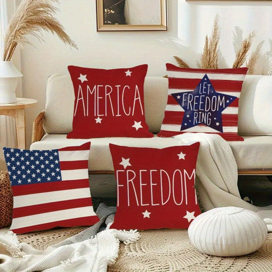 Patriotic Pillowcase Set 4pcs – Stars & Stripes Polyester Pillow Covers, Zipper Closure, Machine Washable, Red White Blue July 4th Independence Day Home Decor