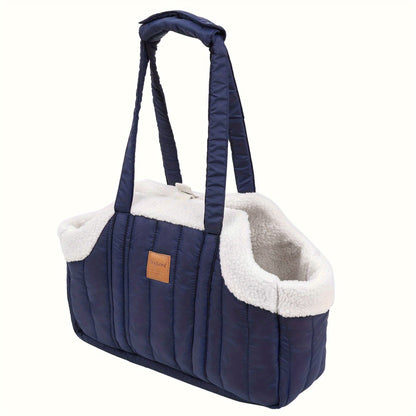 Pet Carrier Handbag Winter Warm Soft-Sided Small Dog Cat Carrier Bag with Snap Closure, Cozy Outdoor Tote Bag for Cold Weather, Portable Pet Purse for Small Pets - Dark Blue Grey Green Beige Black Pink