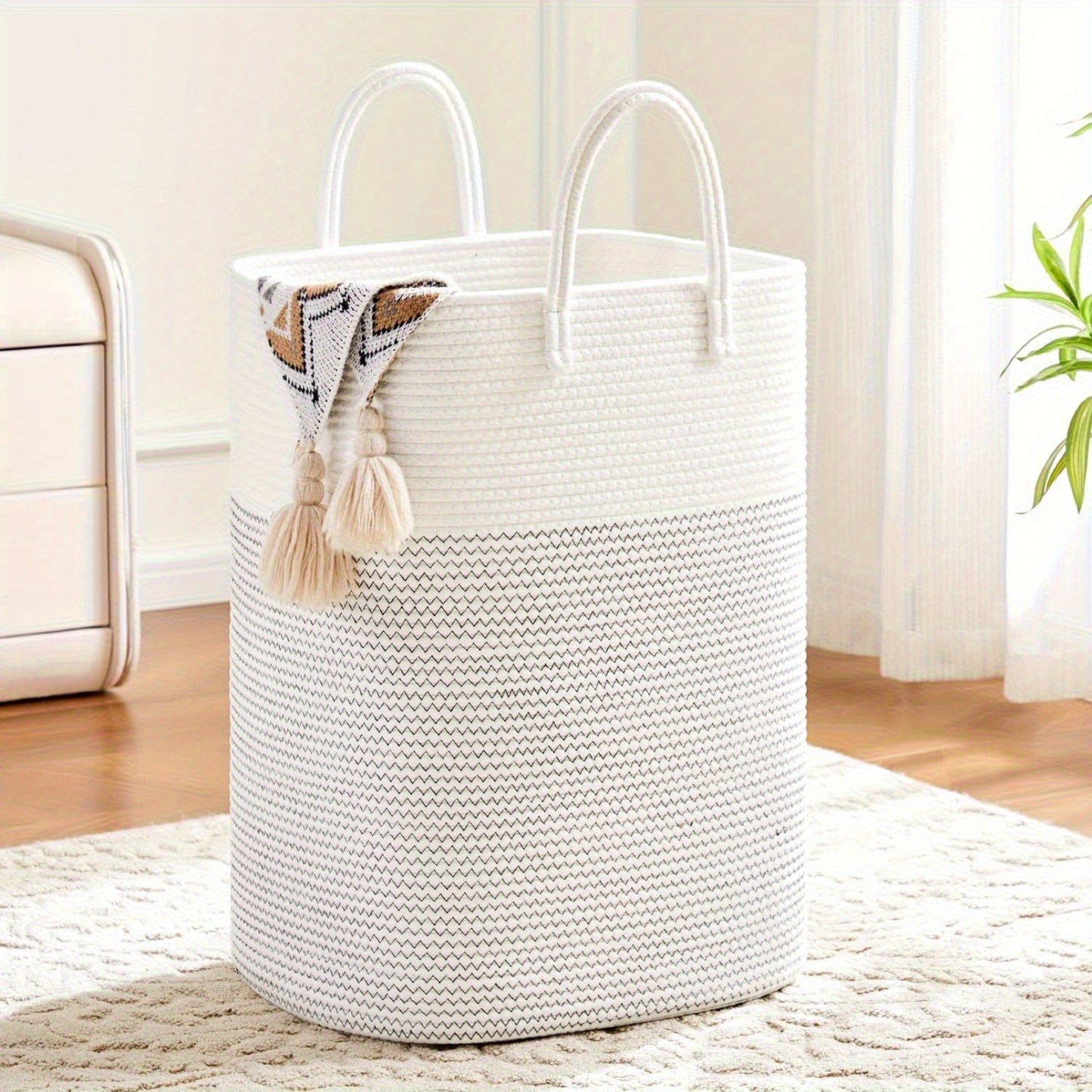 Woven Cotton Rope Laundry Basket with Twin Handles, 40L to 100L Sizes and Five Two-Tone Color Options
