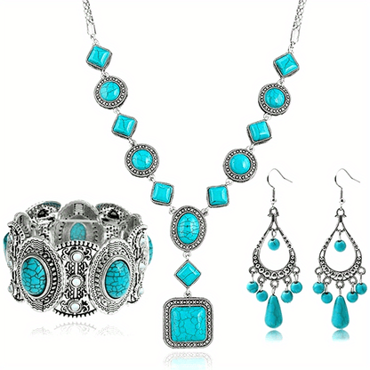 Jewelry Set for Women - Turquoise for Boho - 3 Piece Natural Stone Necklace Bracelet Earrings - product detail view 15