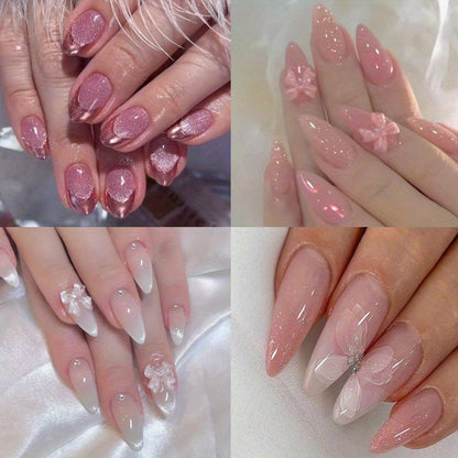 Ice Pink Almond Press On Nails 96 Pieces 4 Packs – Gradient Flower Butterfly Glossy Full Cover False Nails for Women Girls | Shiny Nail Tips Daily Wear Spring Summer Bridal Wedding Nail Art Kit