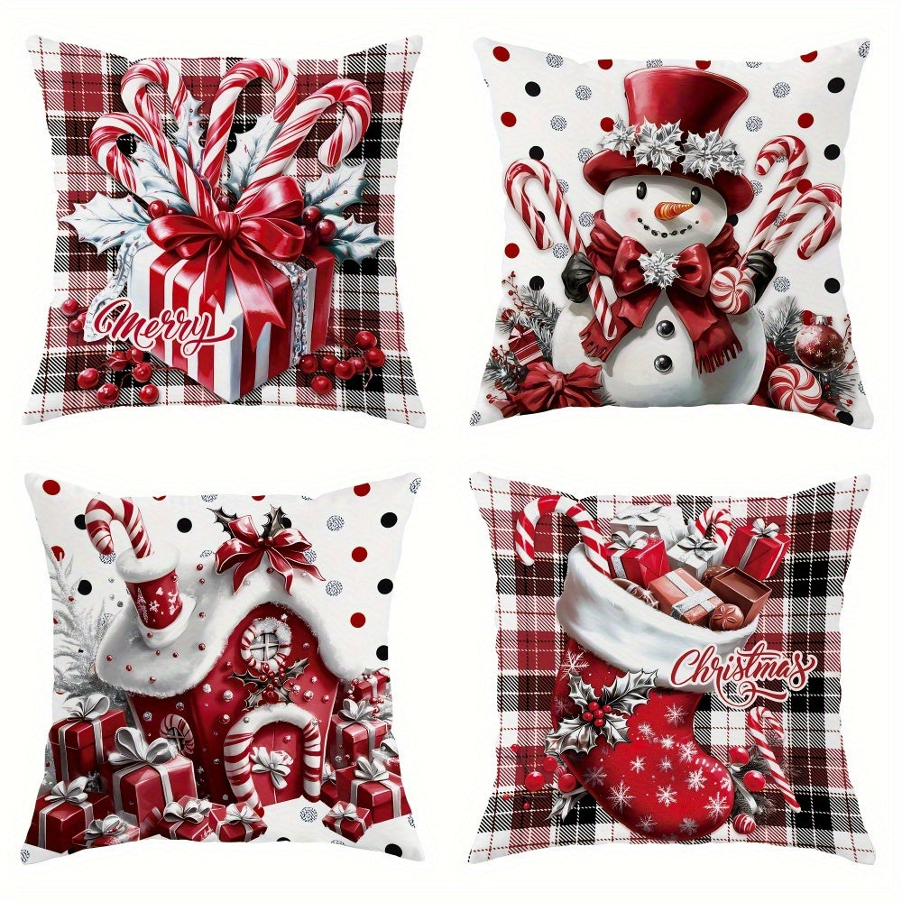 Four-Piece Christmas Pillow Cover Set, 18 x 18 Inches with Snowman, Candy Cane, Sleigh and Plaid Prints