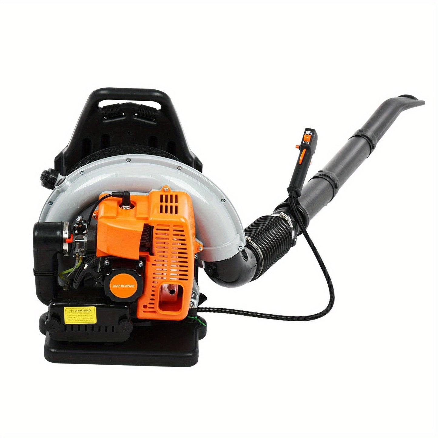 Backpack Gas Leaf Blower in Orange with 2-Stroke Engine Label, Flexible Elbow, Long Tube and Control Handle