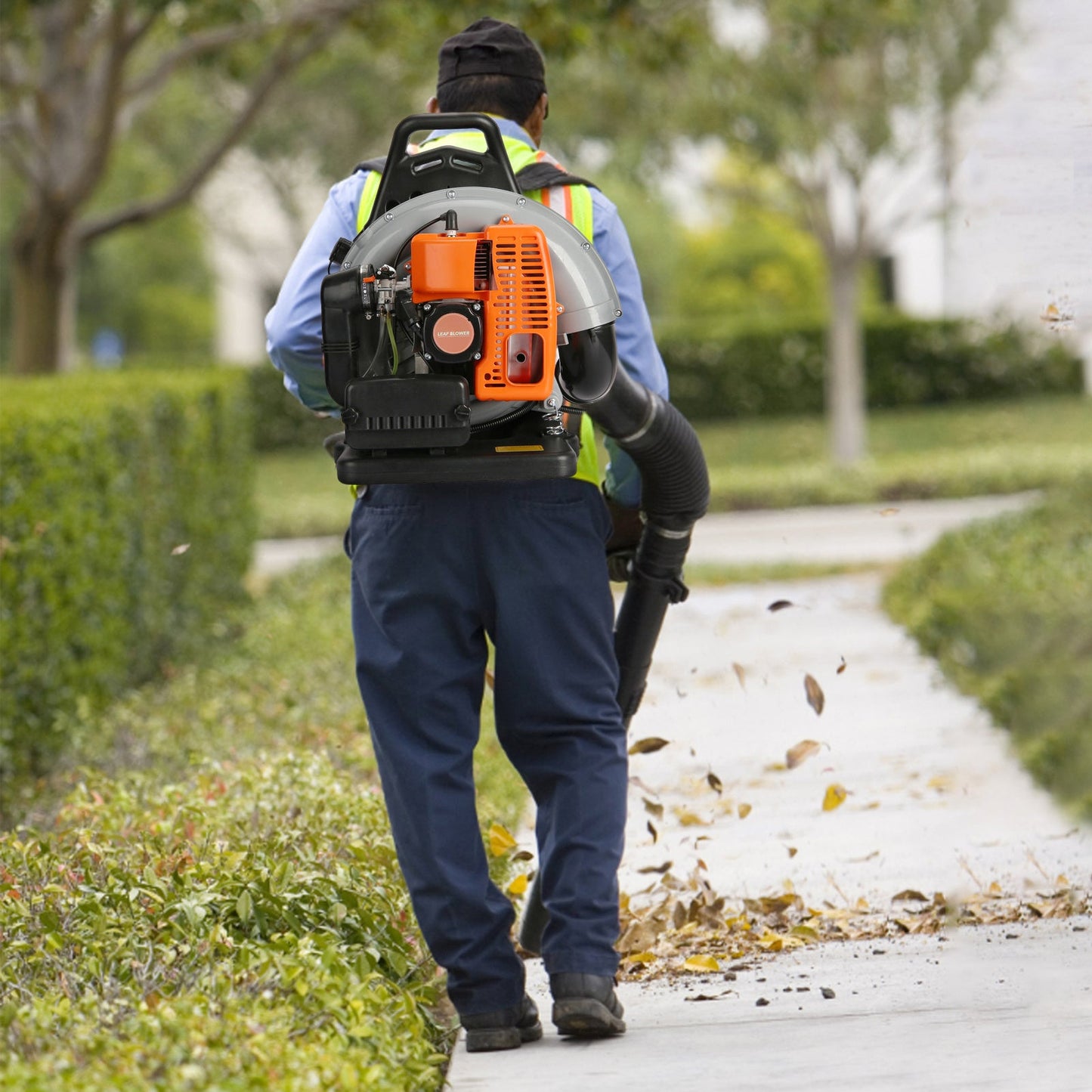 Backpack Gas Leaf Blower in Orange with 2-Stroke Engine Label, Flexible Elbow, Long Tube and Control Handle