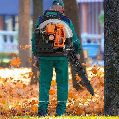 Backpack Gas Leaf Blower in Orange with 2-Stroke Engine Label, Flexible Elbow, Long Tube and Control Handle